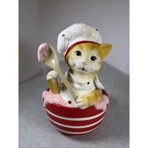 Peppermint Square Red Pink Christmas Baking Orange Cat In Bowl Resin Figurine